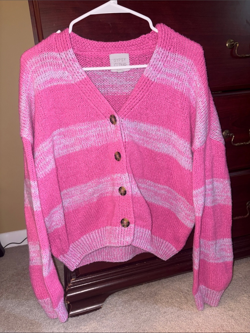 Pink Striped V‑Neck Button Cardigan